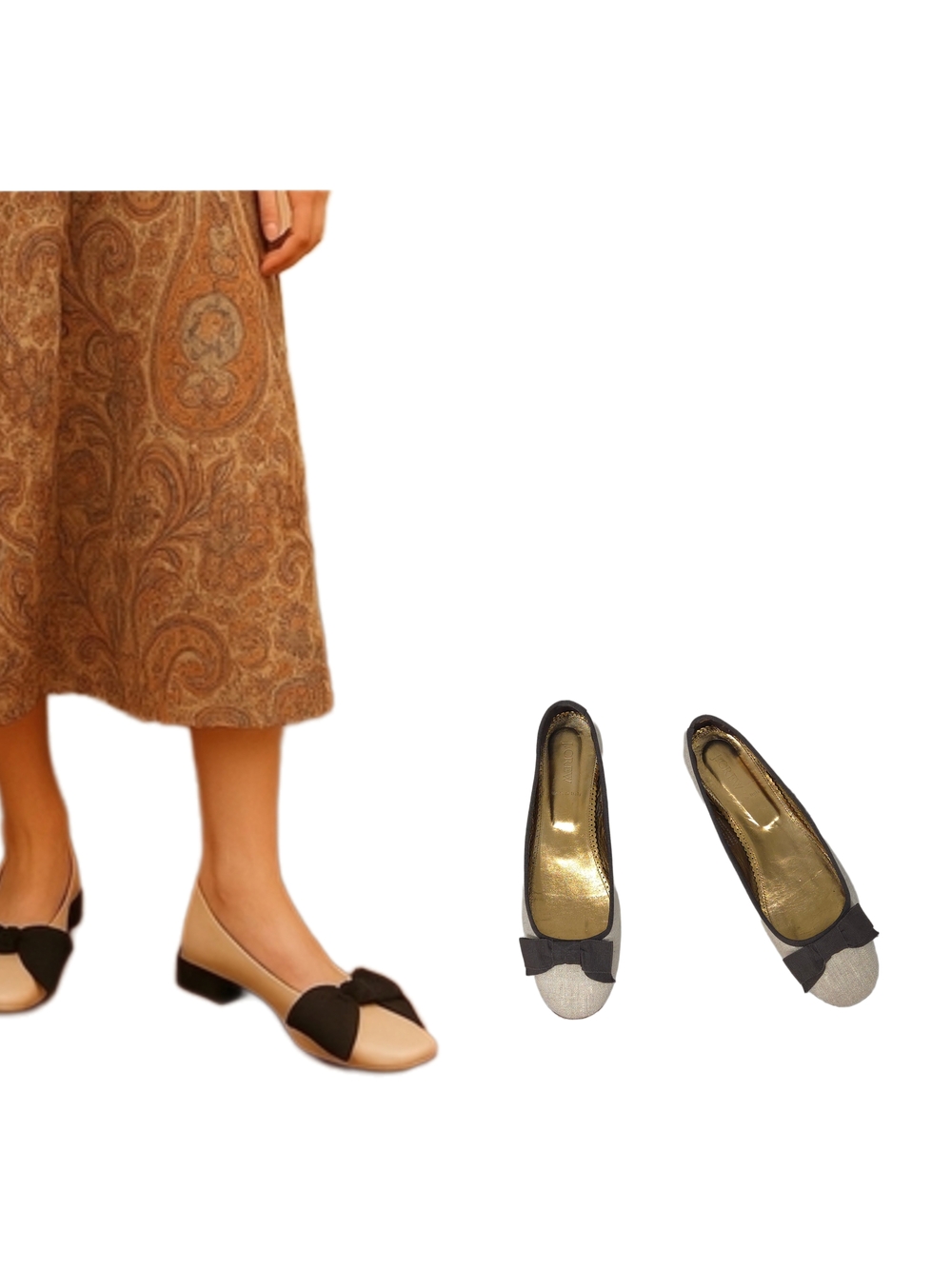 J. CREW Metallic Gold Leather Lining Contrasting Bow Ballet Flats